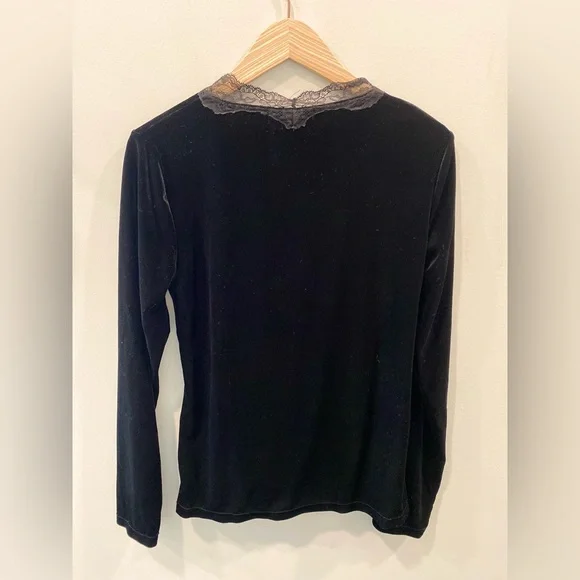 Lauren Ralph Lauren Black Velvet Lace Trim V-Neck Long Sleeve Blouse Size L - Picture 3 of 3